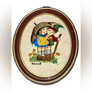 Vtg Hummel Hand Stitched and Framed Boy & Girl Under Umbrella”Embroidered Crewel